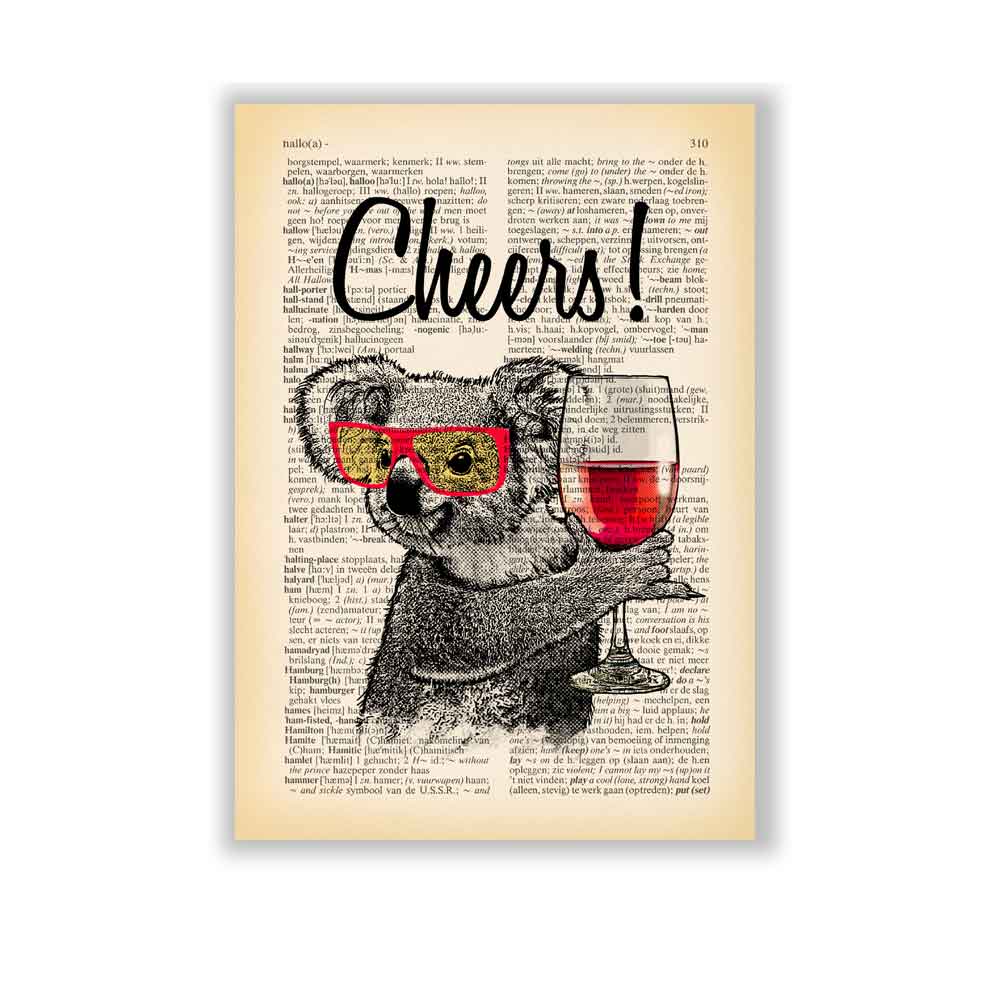 Whimsical koala art print with wine theme for creative decor