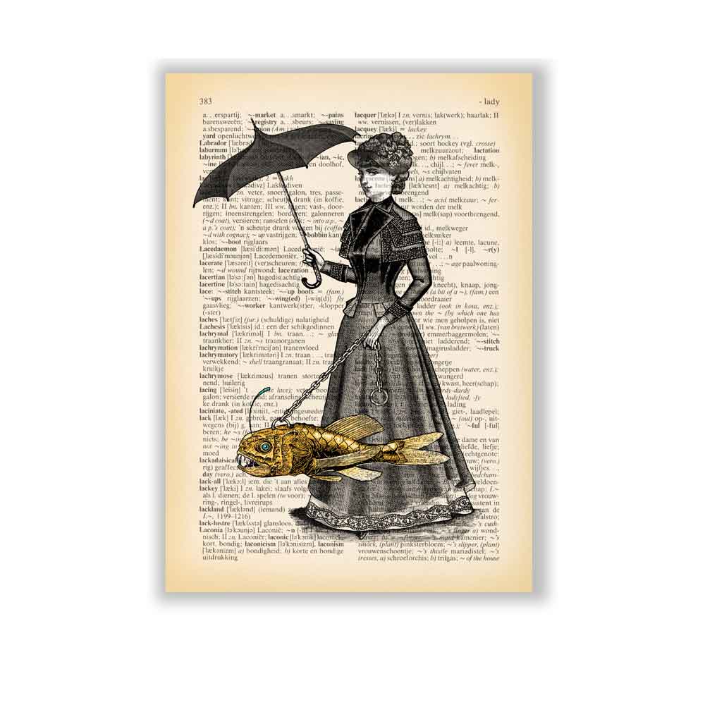 Victorian lady with steampunk fish art print S&G Studio