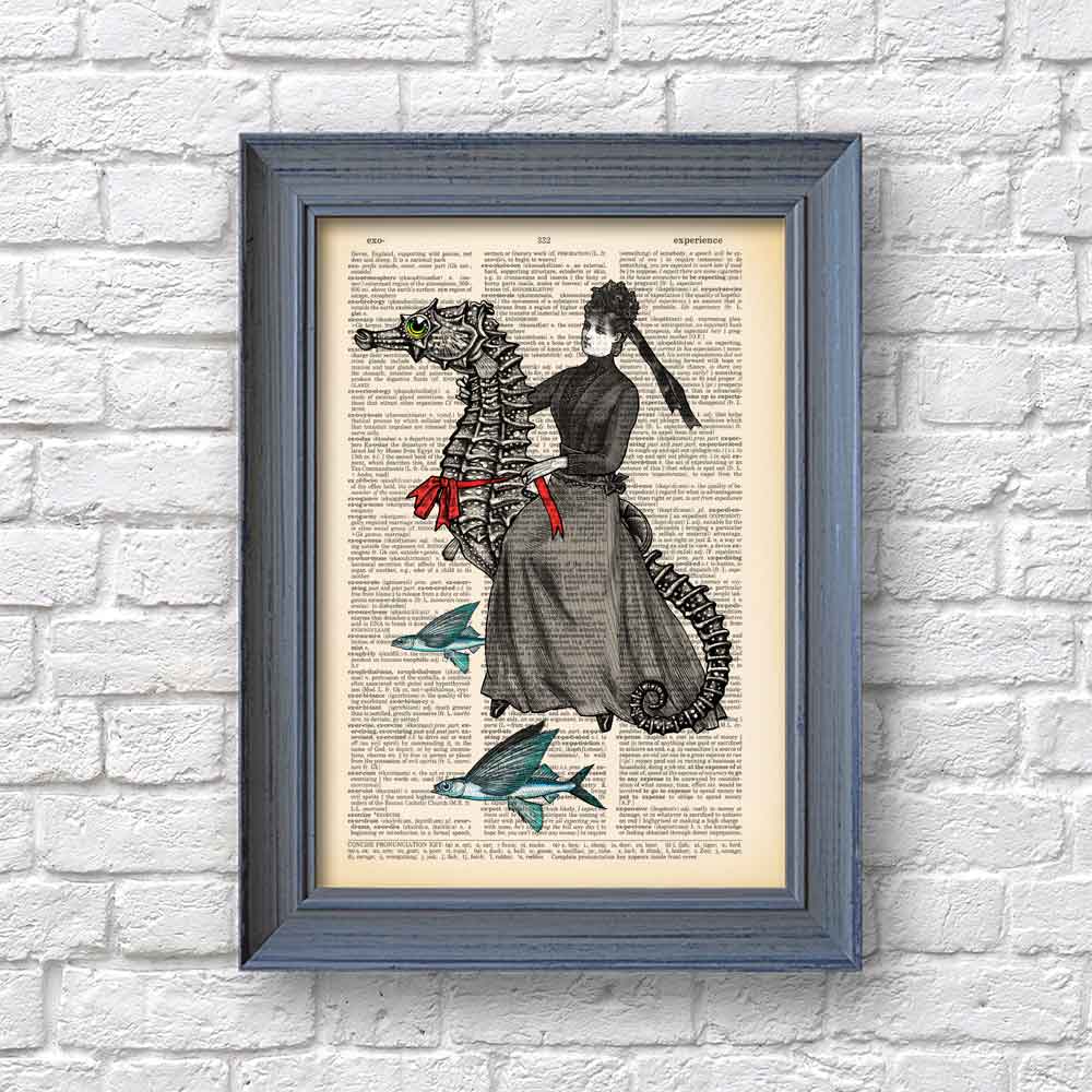 Framed Artistic print of a lady with flying fish and a seahorse illustration