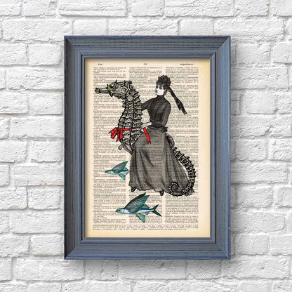 Framed Artistic print of a lady with flying fish and a seahorse illustration