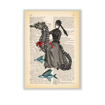 Whimsical wall art featuring a Victorian woman riding a seahorse