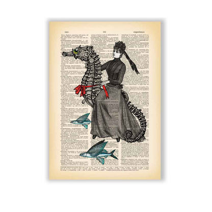 Victorian lady with seahorse art print on vintage book page 