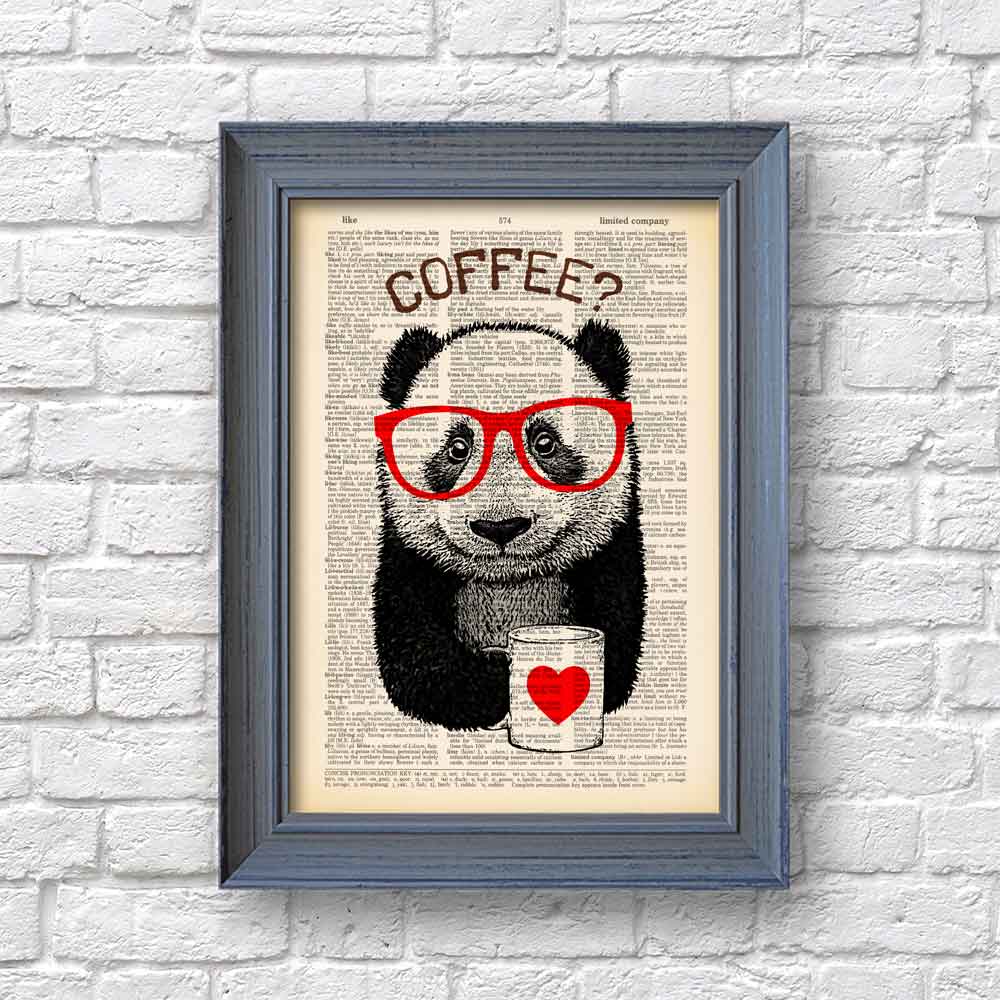 Framed print of panda with vibrant red glasses and coffee mug in retro style