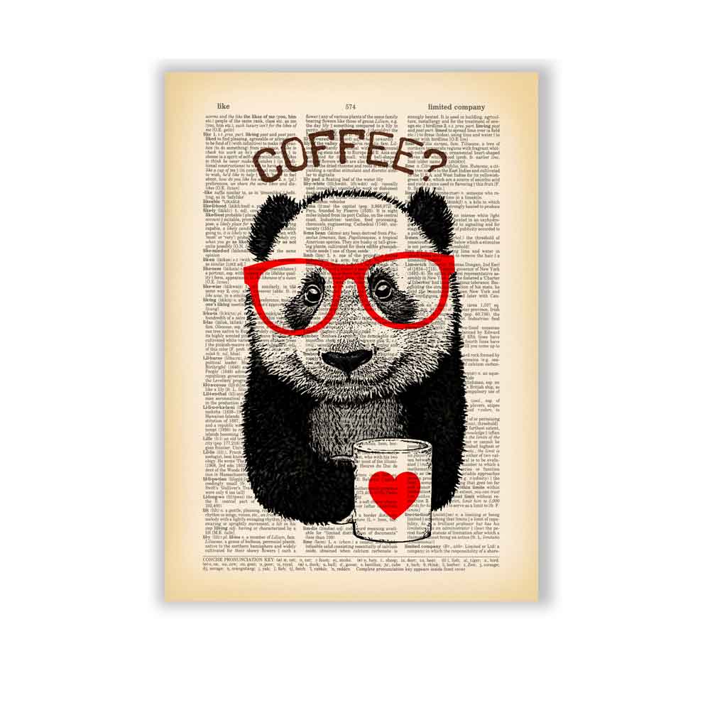 Panda with red glasses holding a coffee mug with a heart on a vintage book page background