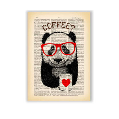 Panda with red glasses holding a coffee mug with a heart on a vintage book page background