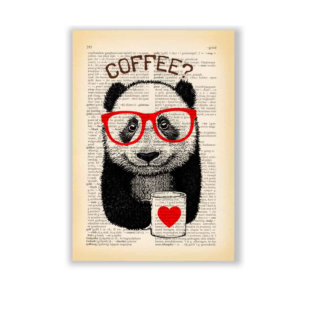 Whimsical panda and coffee art print for cozy home decor