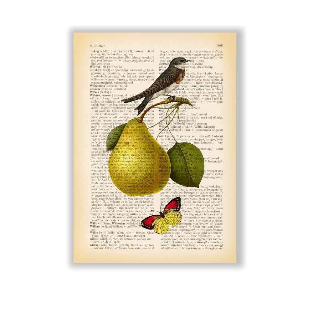 Pear, swallow and butterfly art print S&G Studio