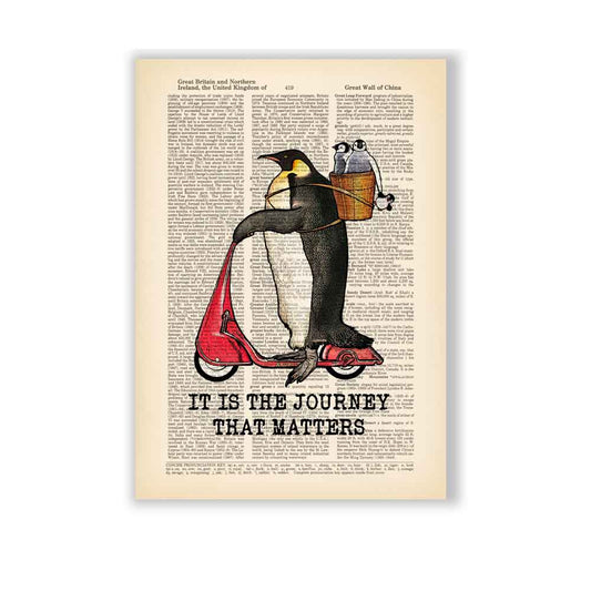 Penguins riding a kick scooter art print S&G Studio