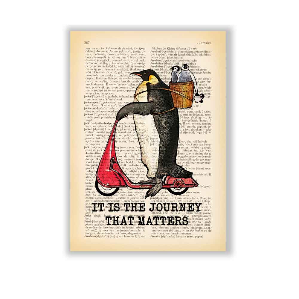 Penguins riding a kick scooter art print S&G Studio