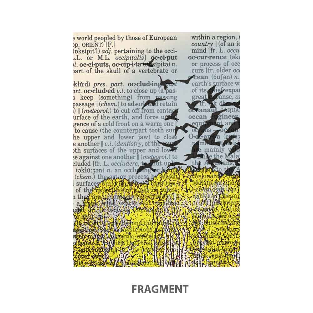 Fragment of piano art print with yellow trees and vintage text