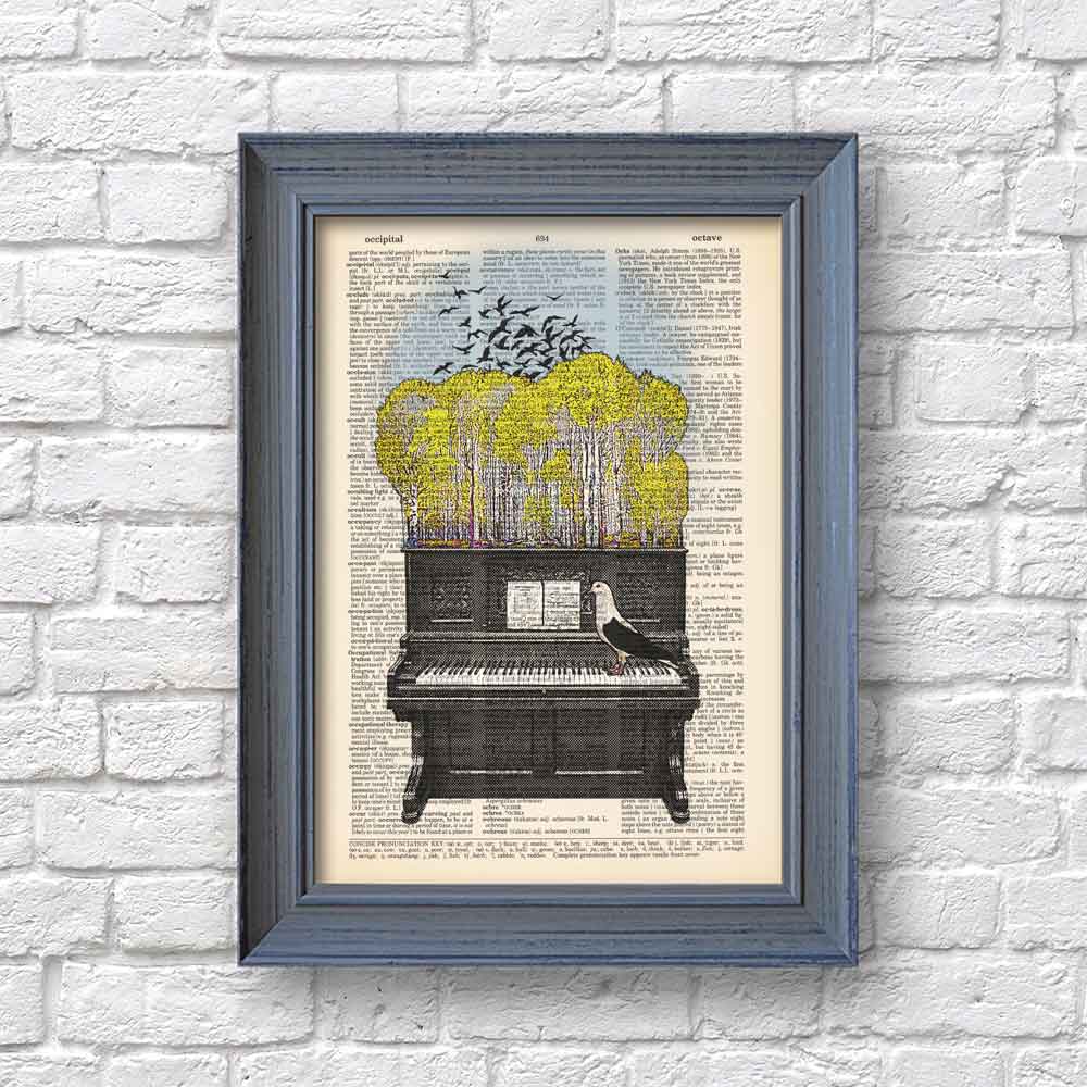 framed Art print of a piano, birds, and forest with a nostalgic touch