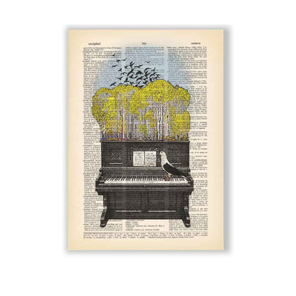 Vintage piano with yellow trees and flying birds on book page background