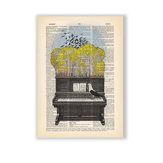 Vintage piano with yellow trees and flying birds on book page background