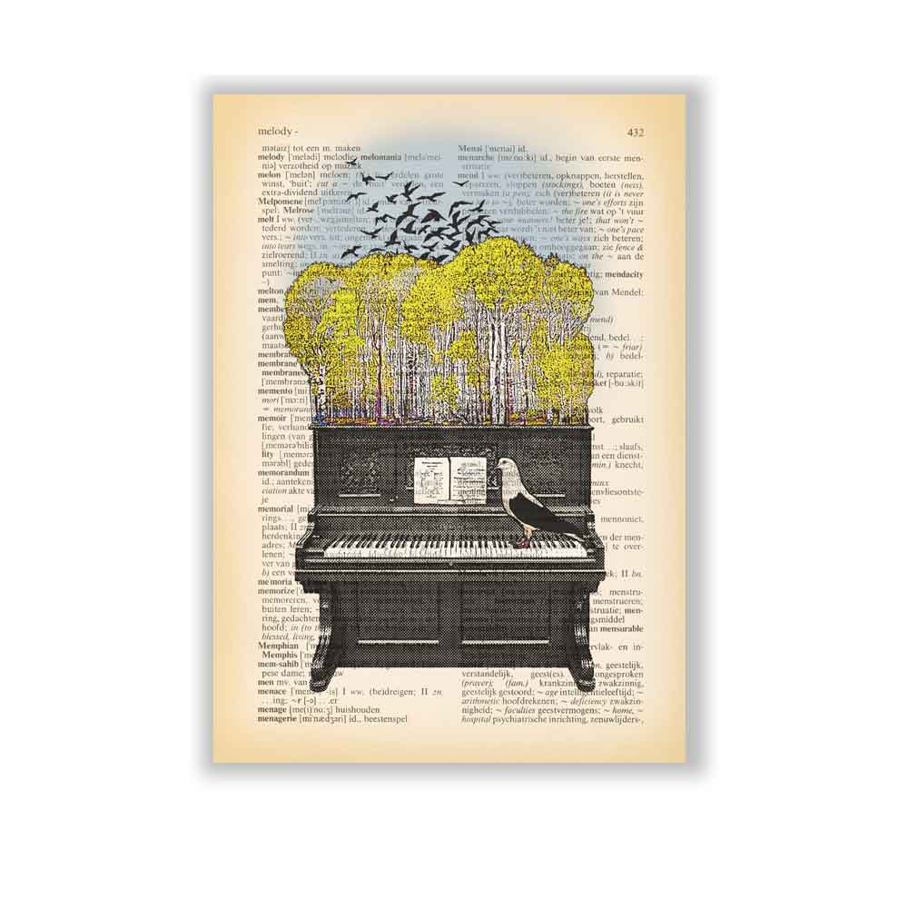 Whimsical piano and birds art print for artistic home decor