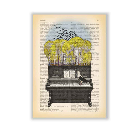 Whimsical piano and birds art print for artistic home decor