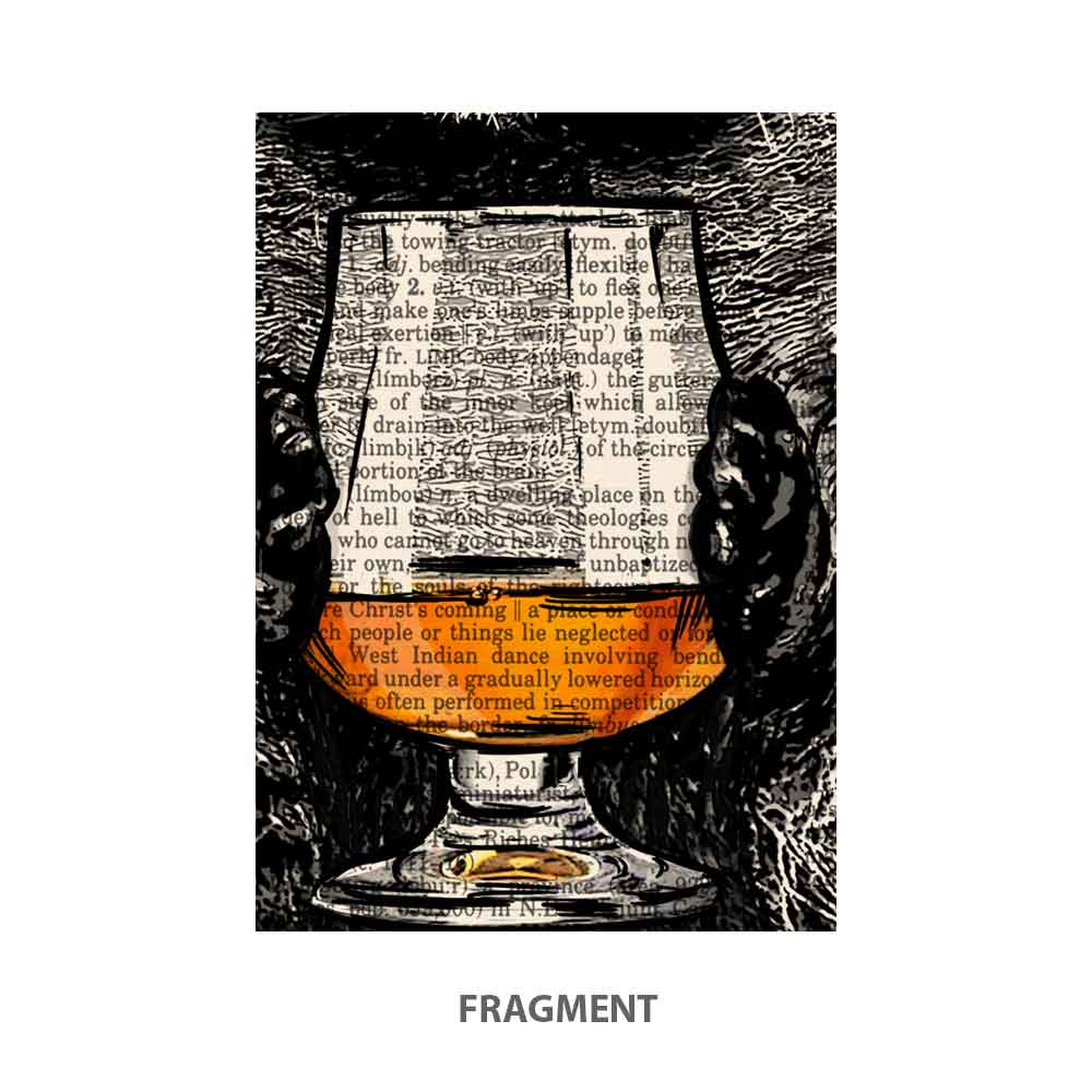 Fragment of raccoon art print with rum glass and vintage text