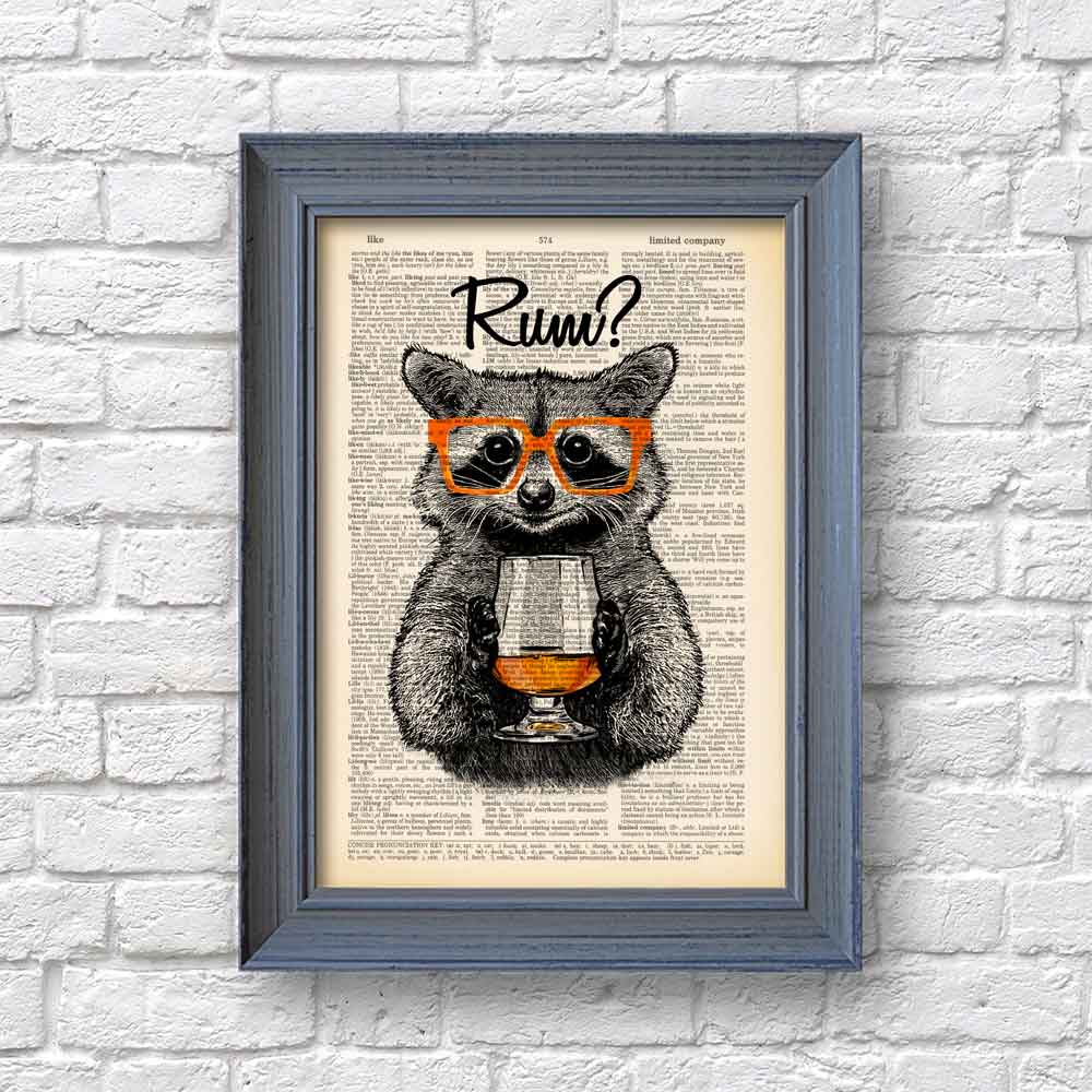 Famed Art print of raccoon with vintage design and humorous rum theme