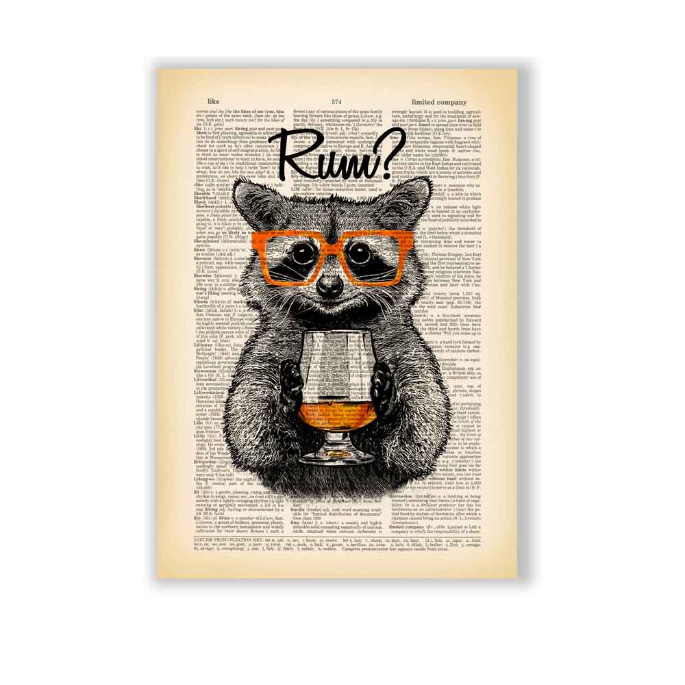 Raccoon with orange glasses holding a glass of rum on vintage-style book page background