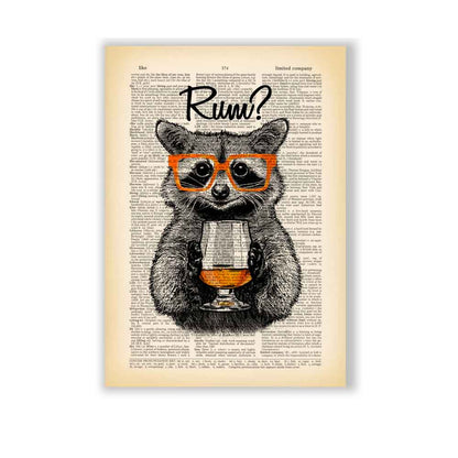 Raccoon with orange glasses holding a glass of rum on vintage-style book page background