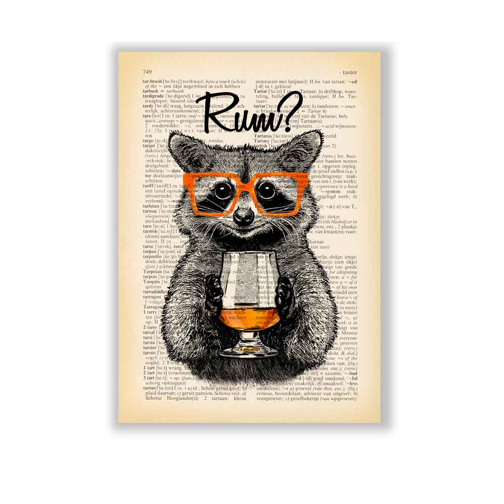 Raccoon and rum art print for quirky home decor