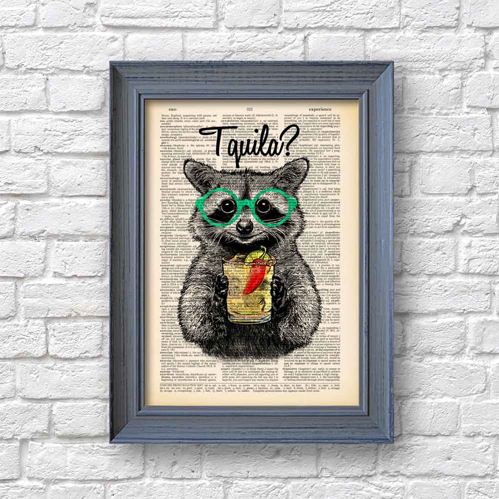 Raccoon with a glass of tequila art print S&G Studio