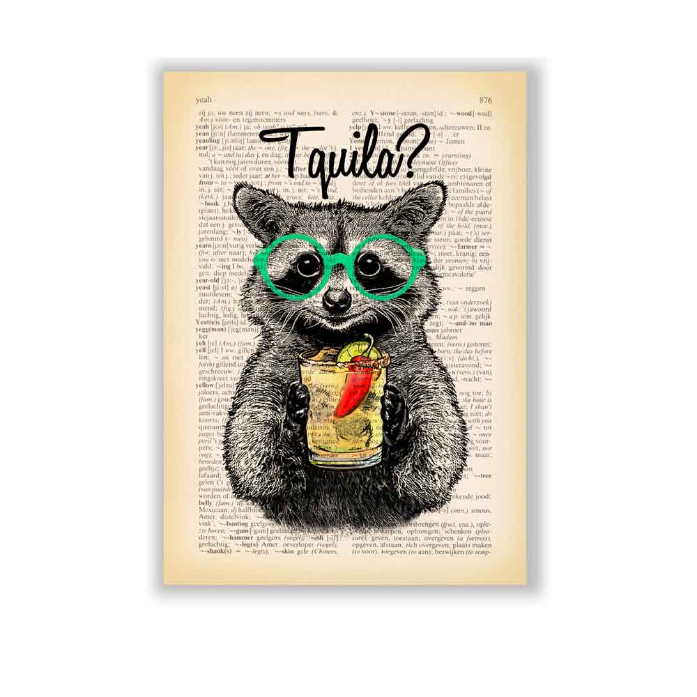 Raccoon with a glass of tequila art print S&G Studio