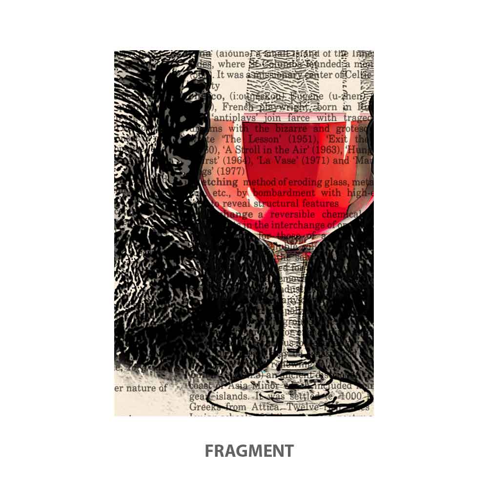 Fragment of raccoon art print with wine glass 