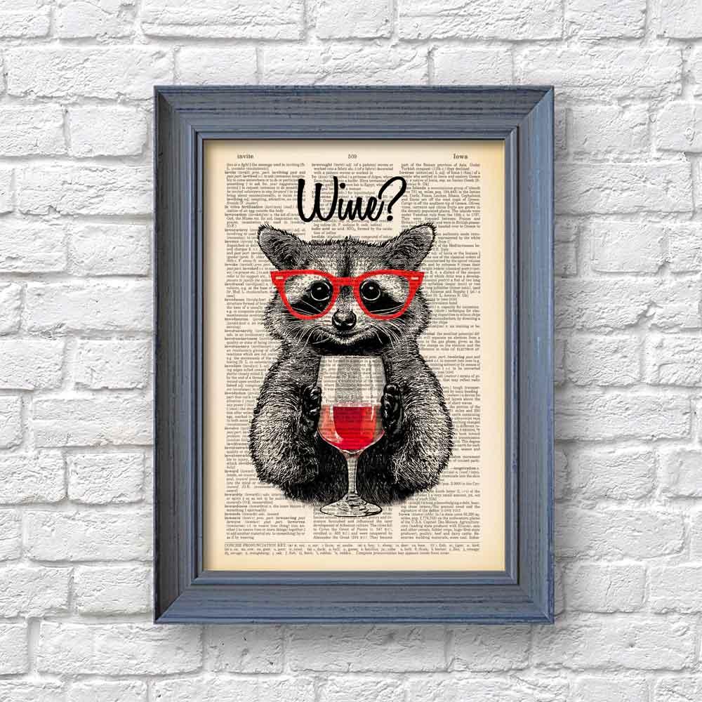 Framed Art print of raccoon with vintage design and wine theme