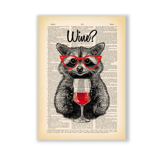 Raccoon with red glasses holding a glass of wine on vintage-style book page background