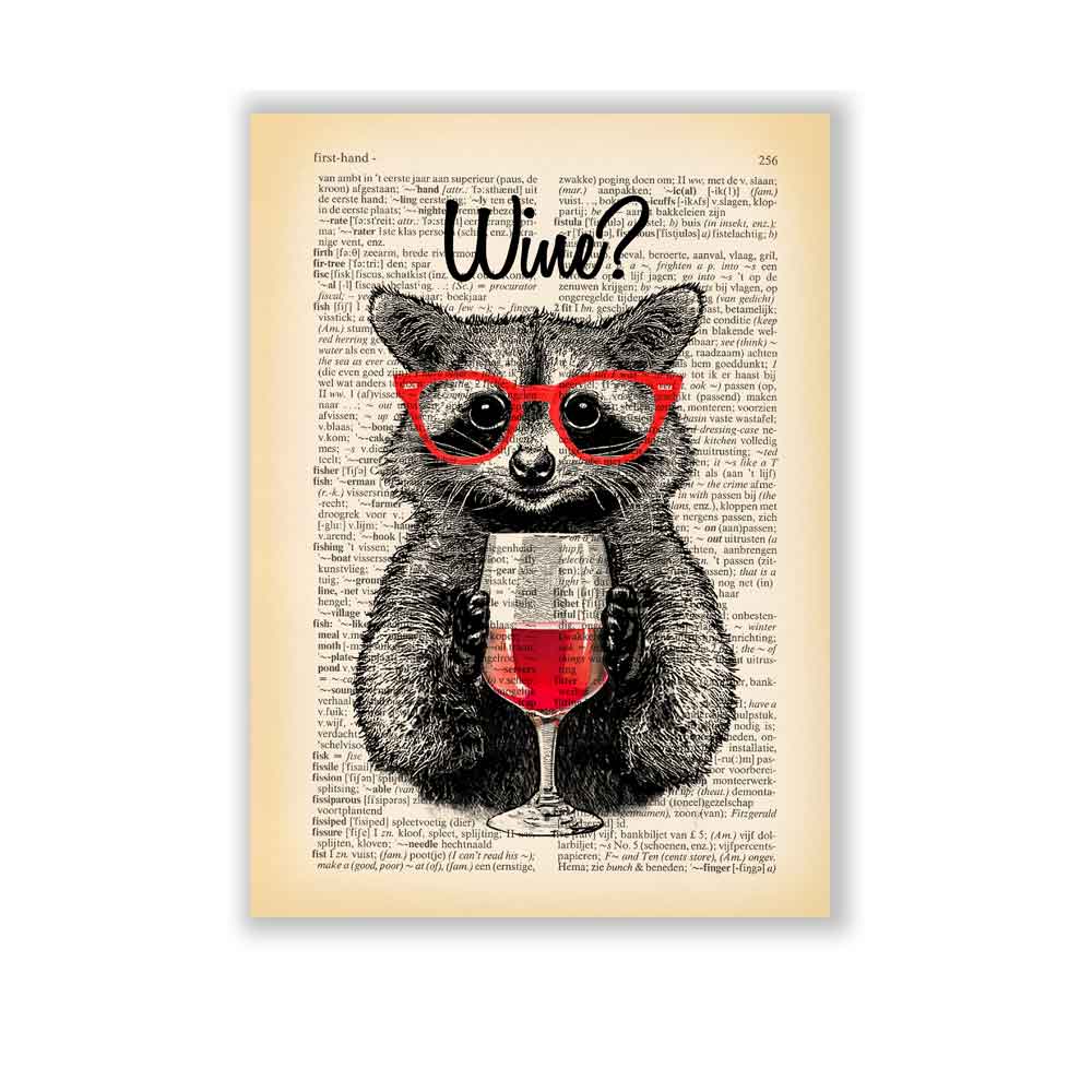 Raccoon and wine art print for quirky home decor