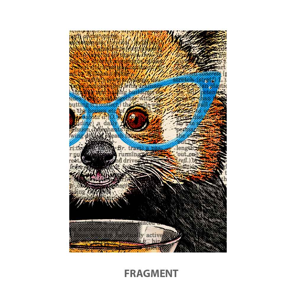 Close-up of red panda illustration with a smoothie and retro design elements