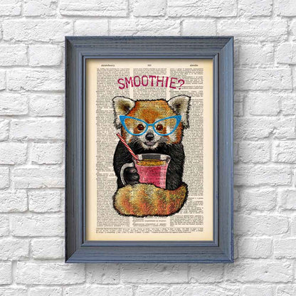 framed  print of red panda with colorful glasses and a smoothie in vintage style