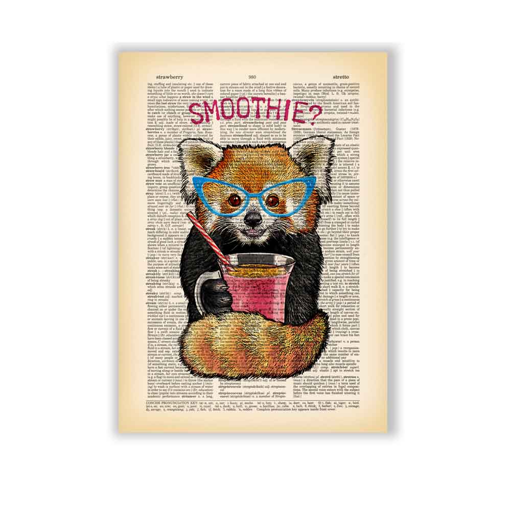 Red panda with blue glasses holding a smoothie on vintage book page background