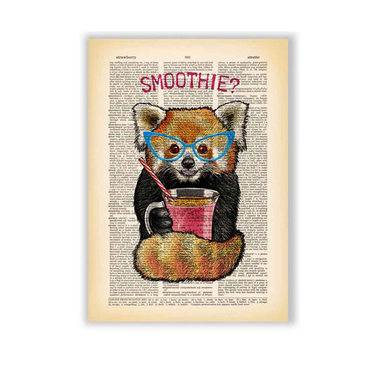 Red panda with blue glasses holding a smoothie on vintage book page background