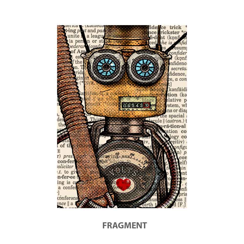 Fragment of robot art print with creative design and book page texture