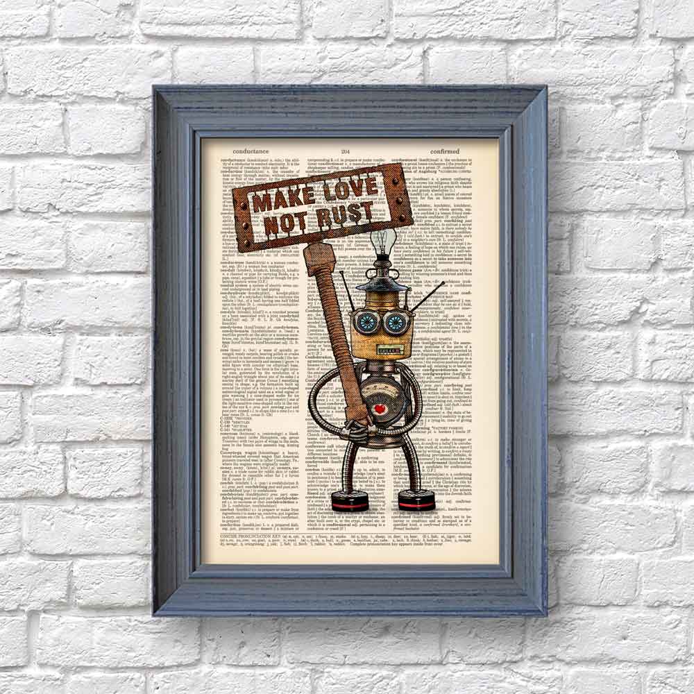 Framed Art print of robot with a nostalgic design and motivational quote 