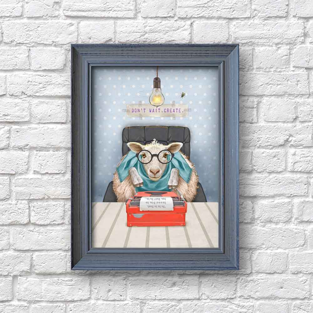 Sheep Writer with Typewriter Art Print S&G Studio