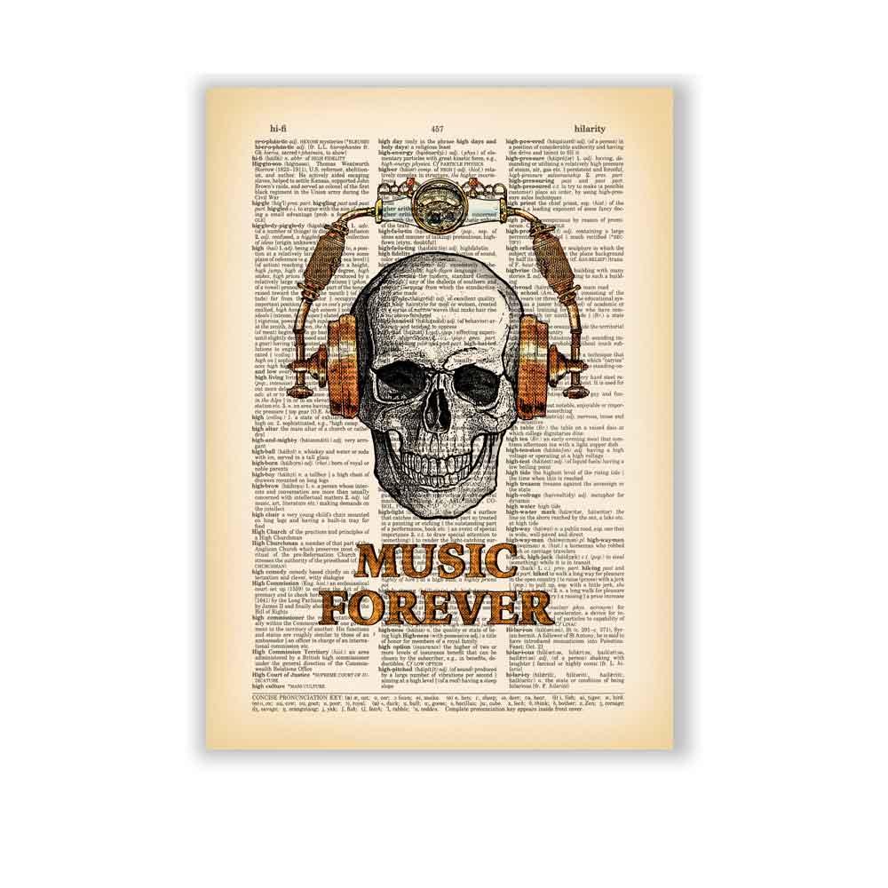 Skull in steampunk headphones art print S&G Studio