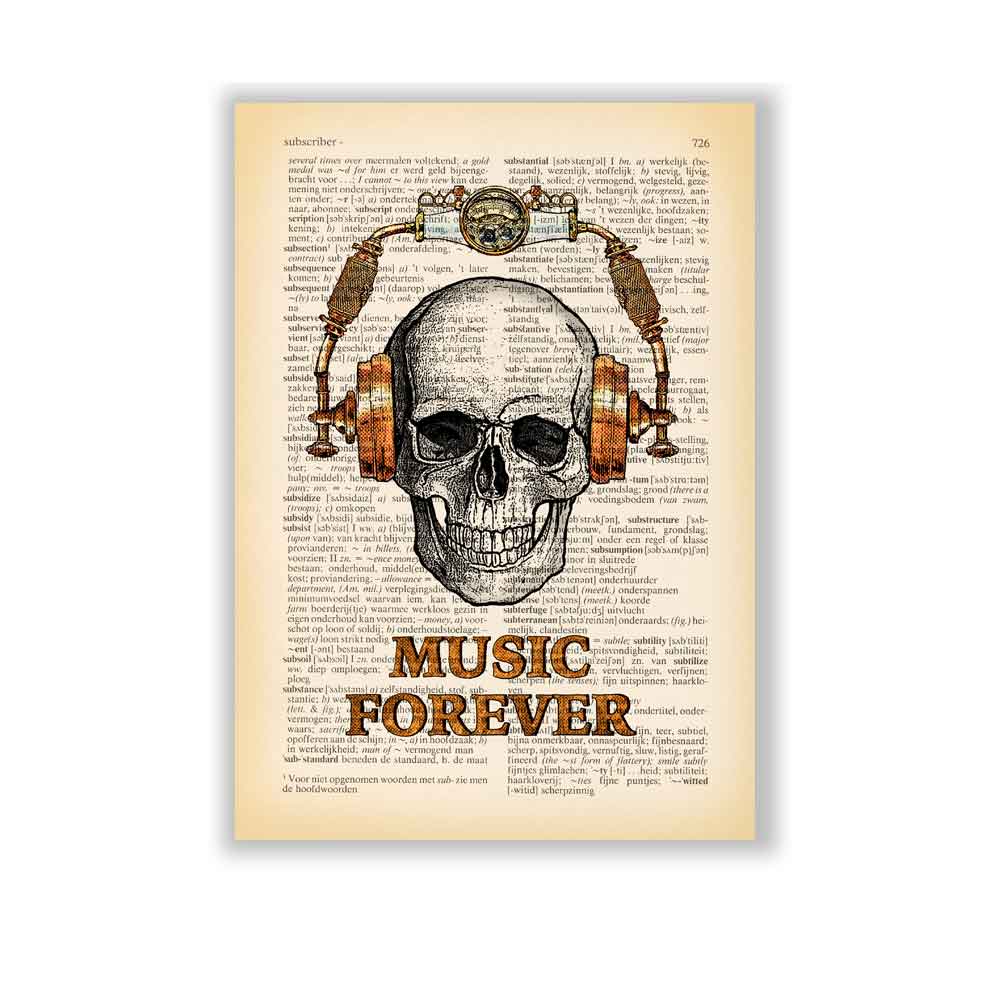 Skull in steampunk headphones art print S&G Studio