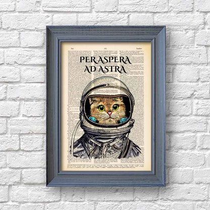 Framed Art print of a cat in a space suit with retro design elements