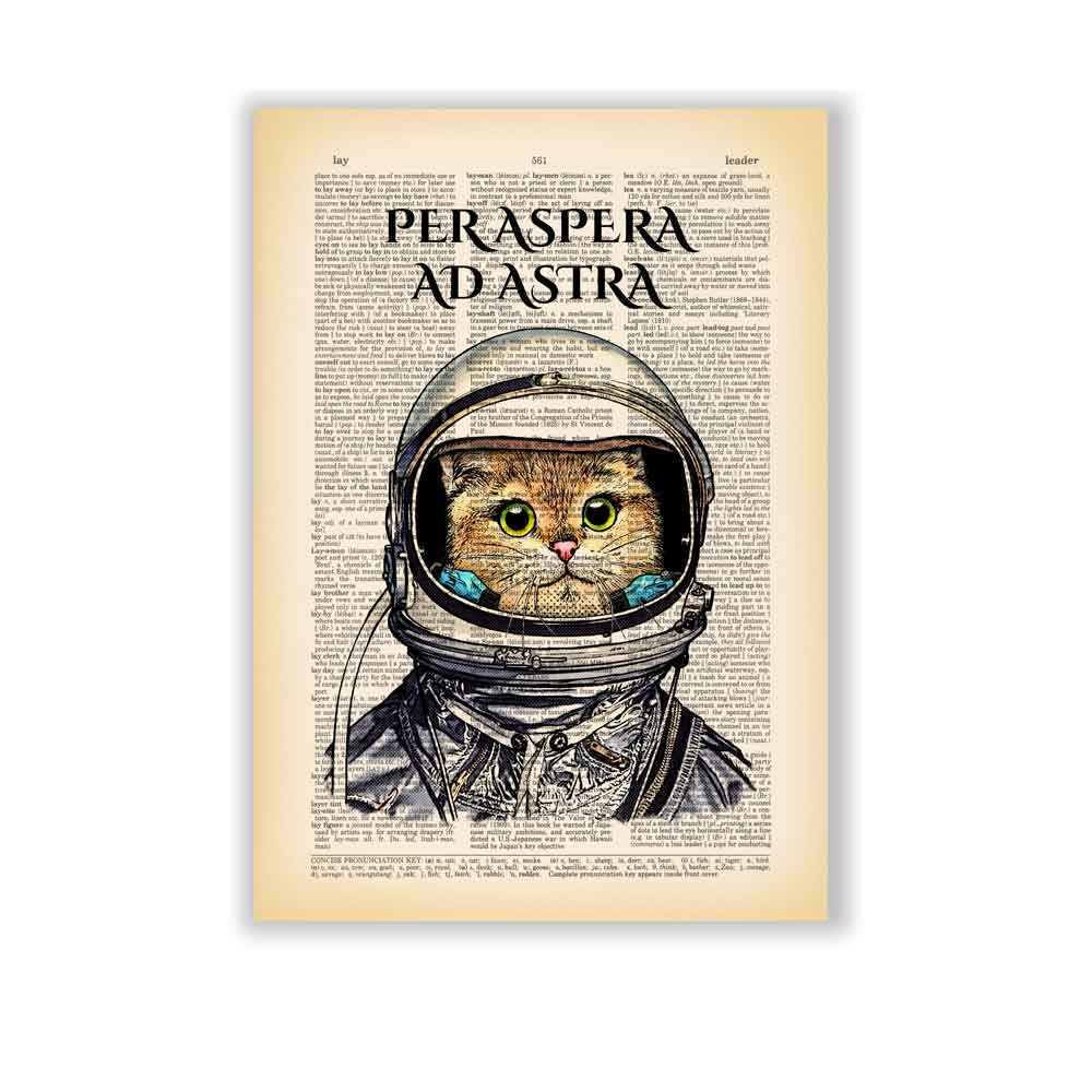 Cat astronaut in space suit on vintage-style book page background