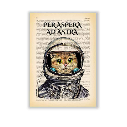 Art print of a cat in a space suit with retro design elements