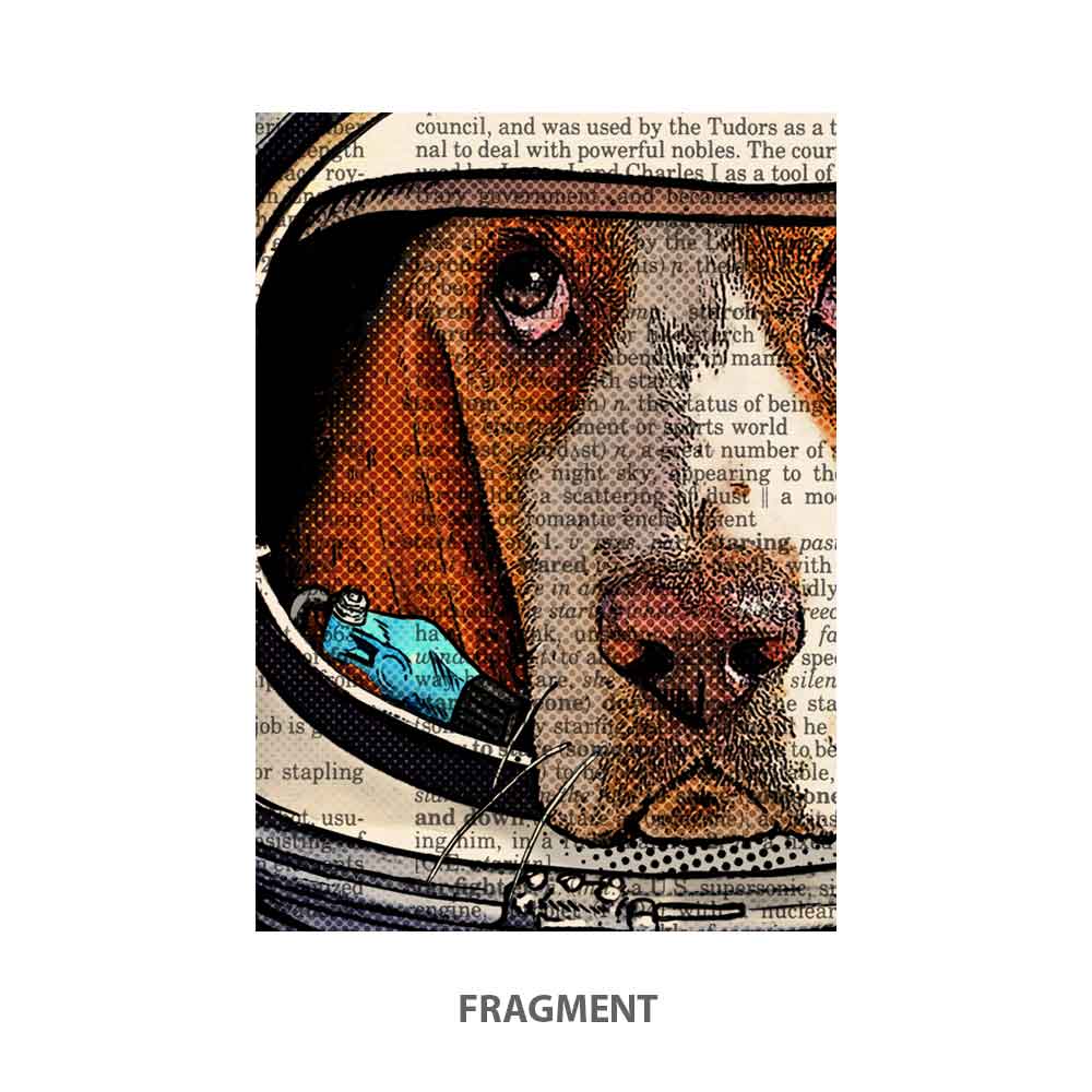 Close-up of dog in astronaut helmet with vintage-style illustration
