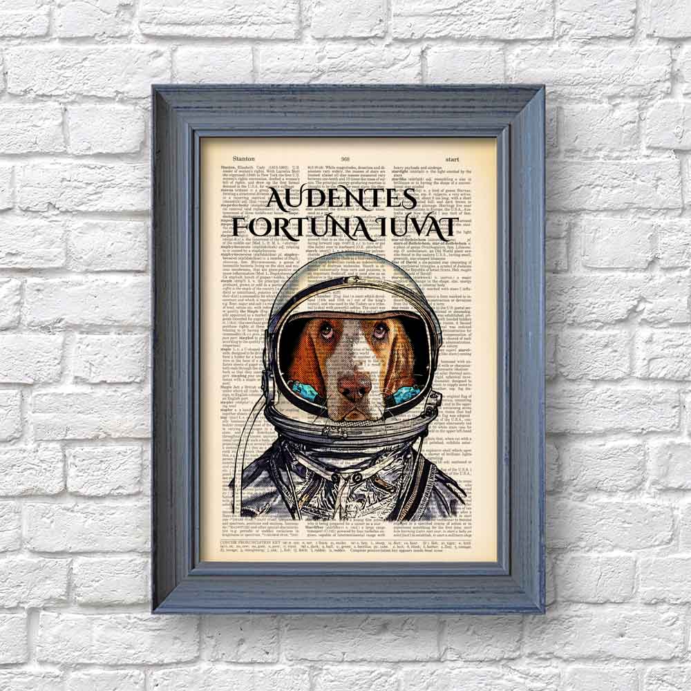 Framed Art print of a dog astronaut with retro design and inspiring theme