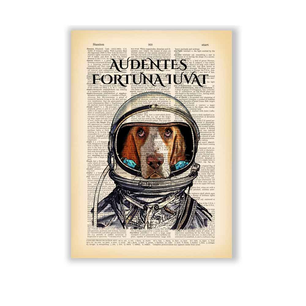 Dog astronaut in a space suit with Latin motto "Audentes Fortuna Iuvat" on book page background