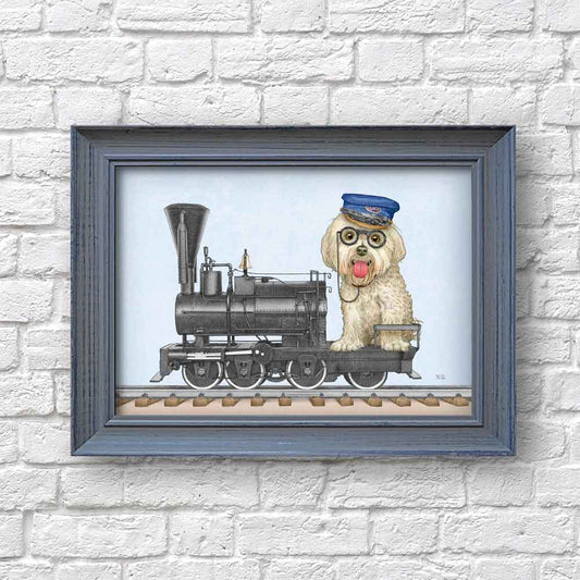 Dog in a antique locomotive art print S&G Studio