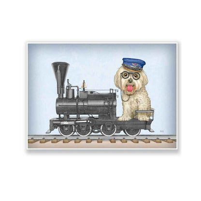 Dog in a antique locomotive art print S&G Studio