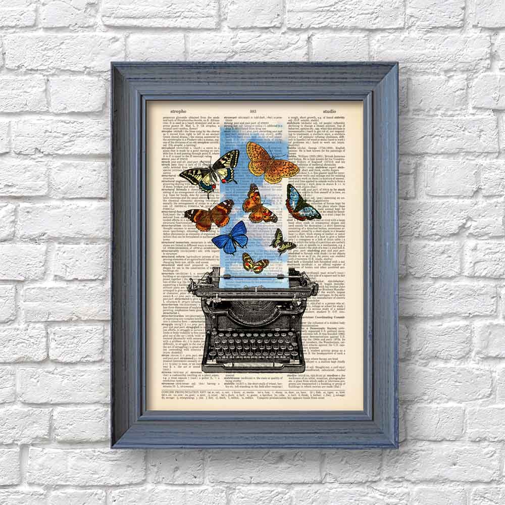 Typewriter and butterflies art print S&G Studio