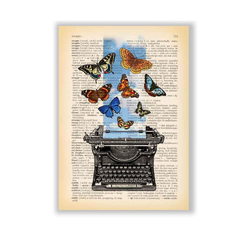 Typewriter and butterflies art print S&G Studio