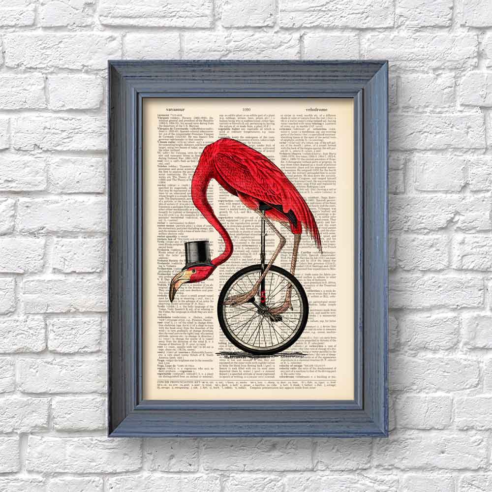 Framed Unique vintage-inspired book page poster with surreal flamingo design